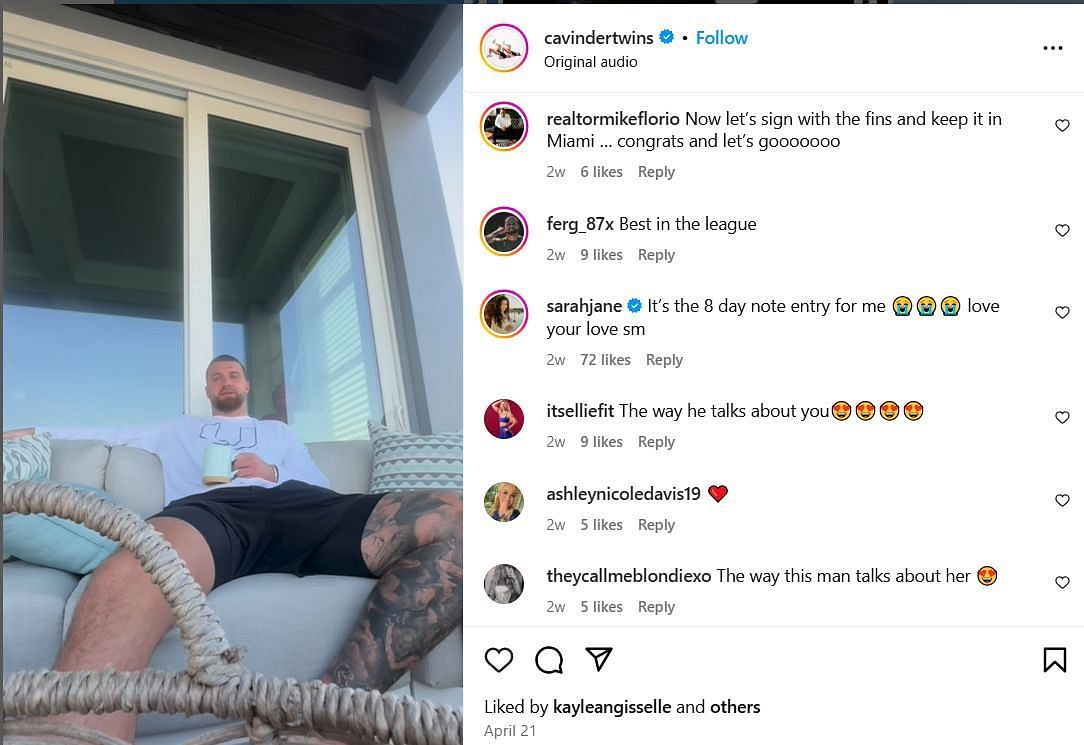Sarah Jones reacts to Jake Ferguson's proposal vlog on Ig. Image @cavindertwins